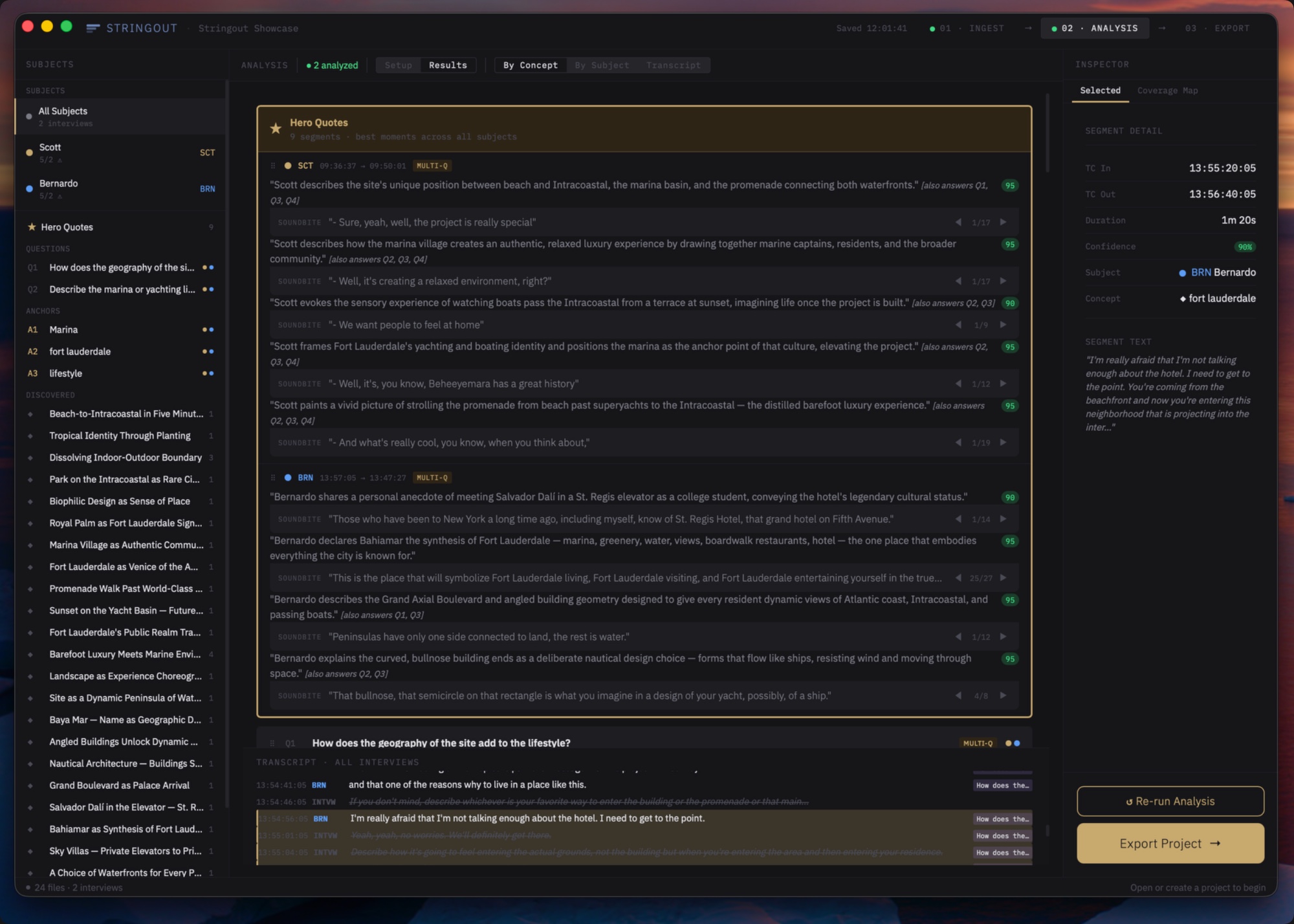 Analysis tab — concept card grid with coverage map
