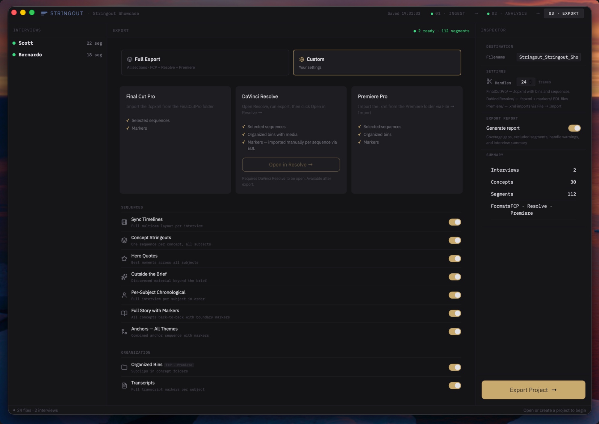Export tab — Final Cut Pro, DaVinci Resolve, Premiere Pro targets
