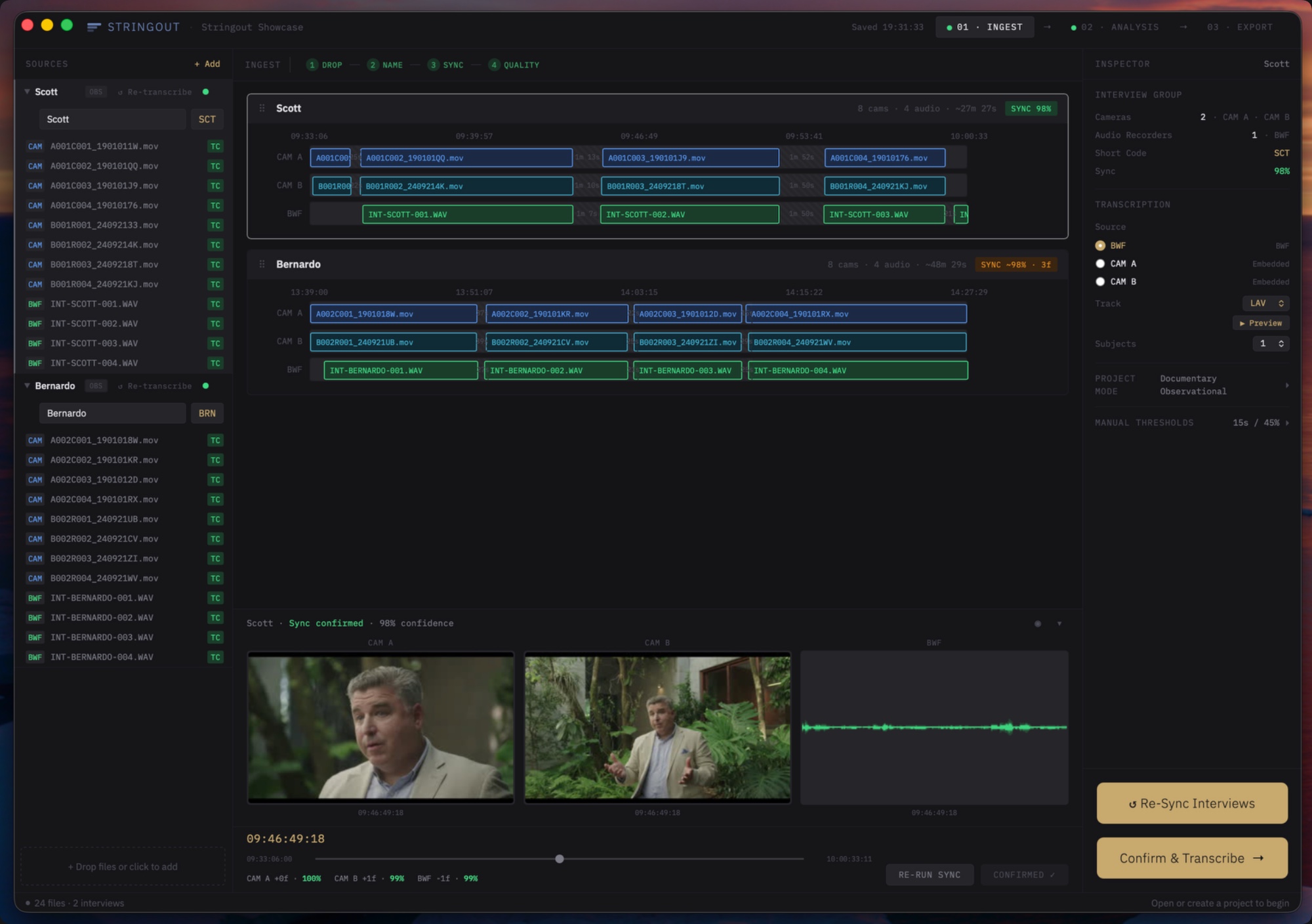 Rushes Ingest tab — multi-camera sync